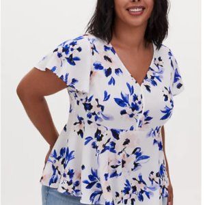 Ivory & Blue Floral Georgette Peplum Blouse